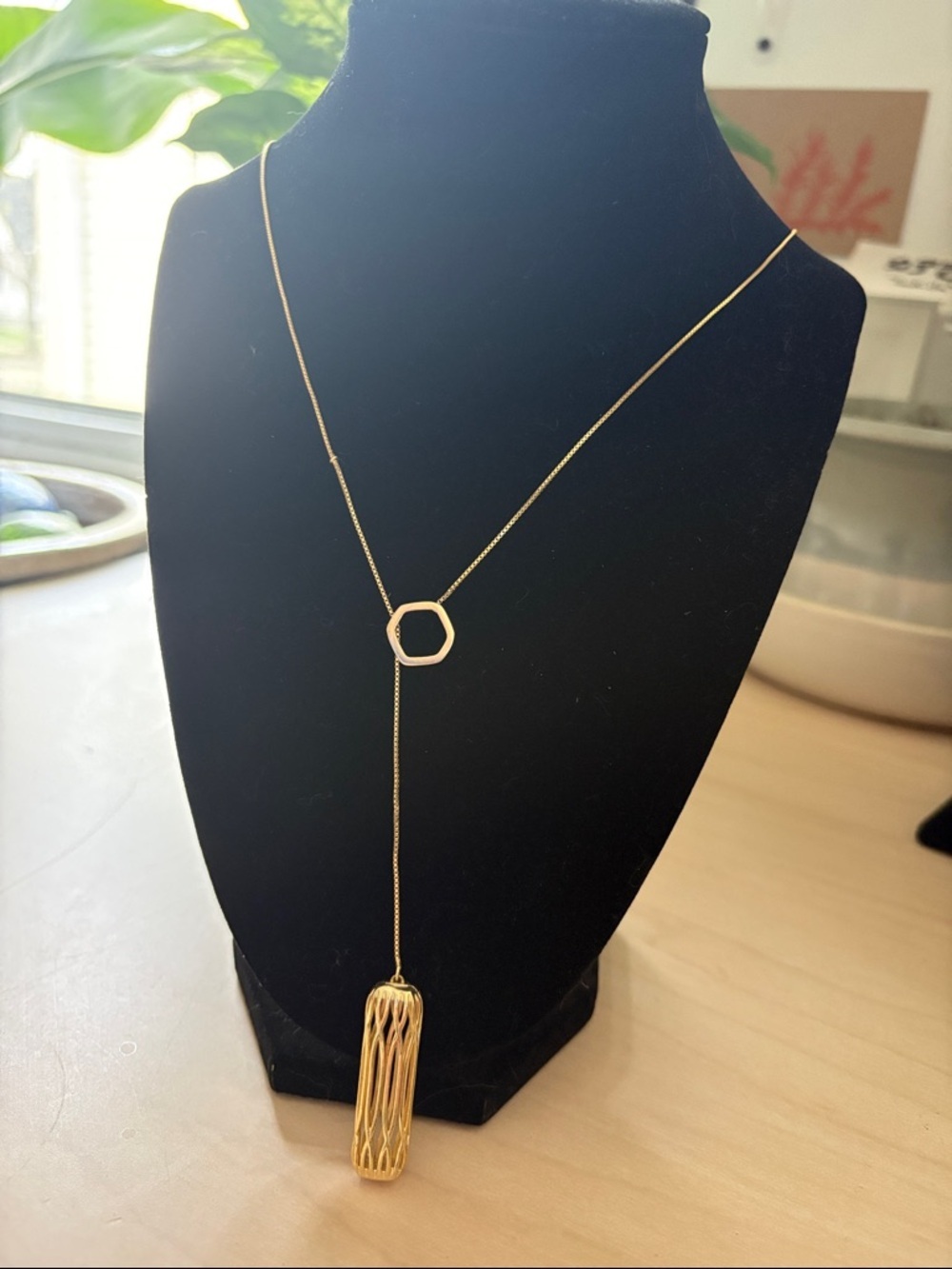 Gold Lariat Necklace Hexagon Cage Tassel Adjustable Women Jewelry